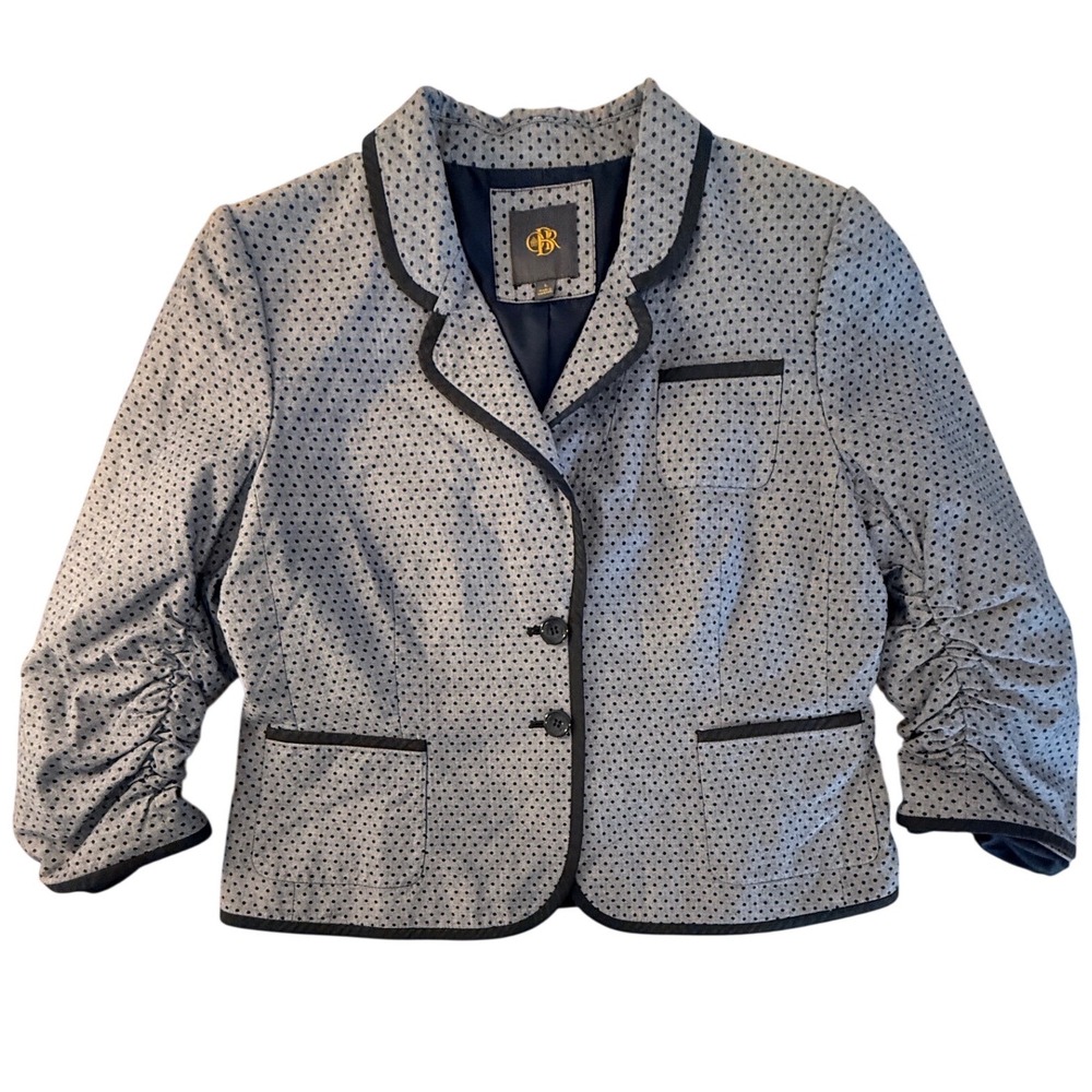 Retro Blue Polka Dot Preppy Y2K 2012 Blazer Ruched 3/4 Sleeve Two Button Jacket